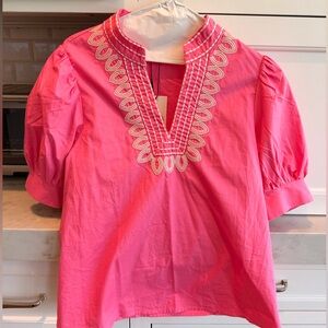 Avara Bright Pink Embroidered V-Neck Top, new with tags, size M